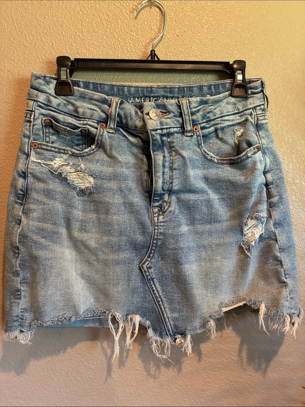 American Eagle Outfitters Light Blue Distressed Denim Mini Skirt